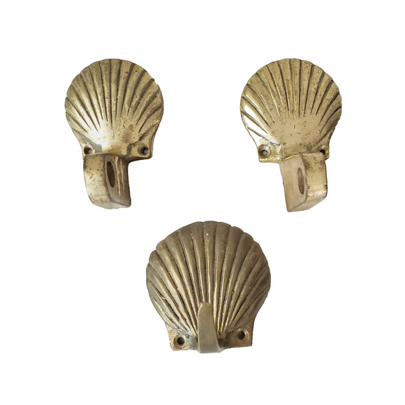 Vintage Brass Scallop Shell Wall Hook & Towel Holder 3PC Gold Collectible MCM 90 - Picture 1 of 8